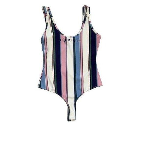 Guess logo Women's striped White/Pink scoop back thong Bodysuit snap closure EUC - Picture 1 of 11